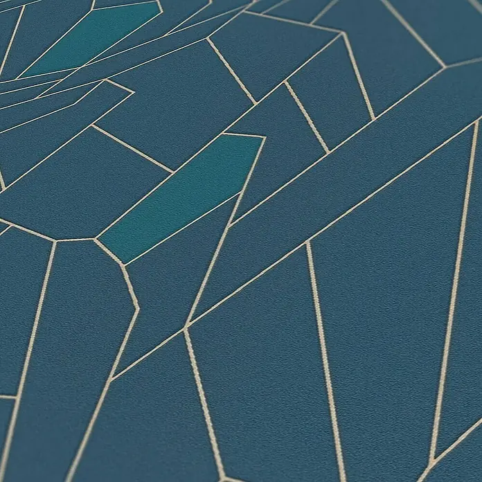 Tadessi Vliestapete M1-No.507 - Türkis, Grafisch, 10,05 x 0,53 m - Strukturierte blaue Tapete mit geometrischem Muster, ergänzt durch türkise Akzente und weiße Linien.