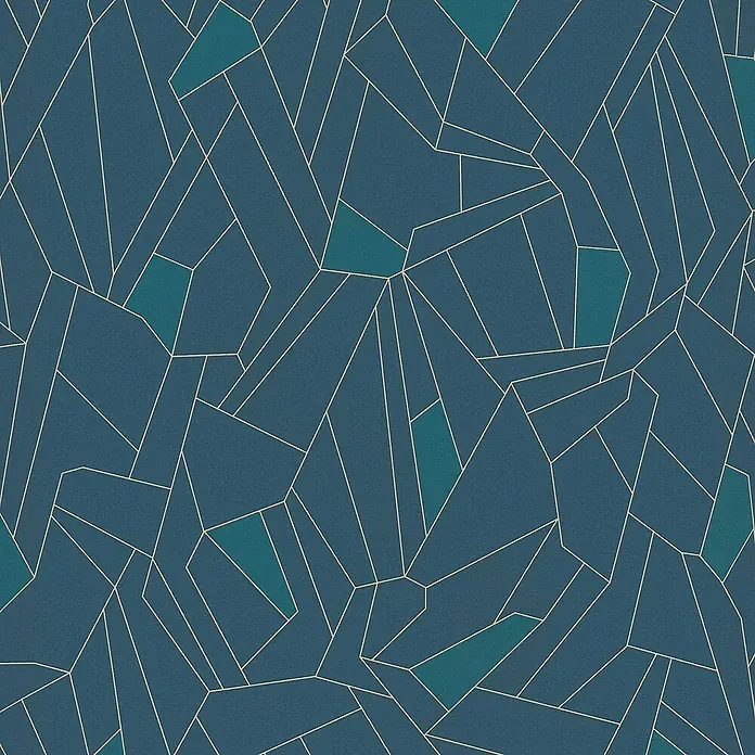 Tadessi Vliestapete M1-No.507 - Türkis, Grafisch, 10,05 x 0,53 m - Dunkelblaues Geometriemuster mit abstrakten Goldlinien und türkisfarbenen Füllungen, geeignet als Tapete oder Stoff.