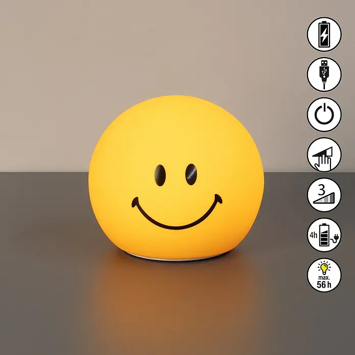 FHL easy LED-Nachtlicht GlowMoji - 0,3 W, L x B x H: 13 x 13 x 12 cm, Warmweiß, Smiley Yellow - Gelbe Smiley-Lampe mit lächelndem Gesichtsausdruck, ideal als dekorative Leuchte für Kinderzimmer und Wohnräume.