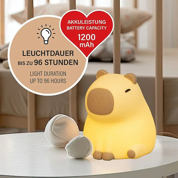 FHL easy LED-Nachtlicht Piggy - 0,5 W, L x B x H: 11 x 10 x 12 cm, RGBW, Capybara Piggy - Niedliches Capybara-Nachtlicht, Akkulaufzeit bis zu 96 Stunden, 1200 mAh Akkuleistung für sanftes Licht im Kinderzimmer.