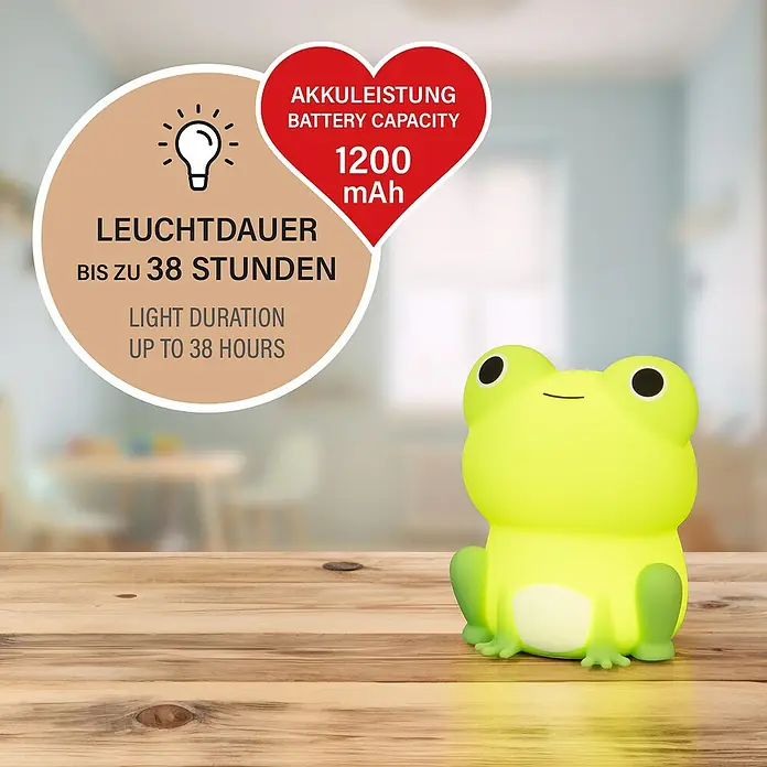 FHL easy LED-Nachtlicht Willi - 0,4 W, L x B x H: 9 x 8 x 11,5 cm, RGBW, Frosch Willi - Fröhliche Froschlampe mit langer Akkulaufzeit bis zu 38 Stunden und 1200 mAh Batteriekapazität.