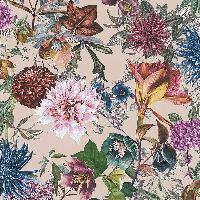 Tadessi Vliestapete M1-No.776 - Rosa, Floral, 10,05 x 0,53 m - Nahtlose Mustertapete mit verschiedenen lebhaften botanischen Blumen und Blättern auf hellpfirsichfarbenem Hintergrund.