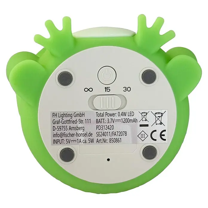 FHL easy LED-Nachtlicht Willi - 0,4 W, L x B x H: 9 x 8 x 11,5 cm, RGBW, Frosch Willi - Unterseite einer grünen Frosch-Nachtlampe mit technischen Details und CE-Kennzeichnung für sicheren Gebrauch.