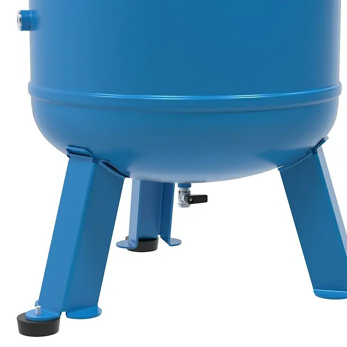 Güde Kompressor 485/10/200 ST - 3.000 W, Max. Druck: 10 bar, 270 l, Schmierung: Ölgeschmiert - Nahaufnahme eines blauen Druckluftbehälters mit Beinen.