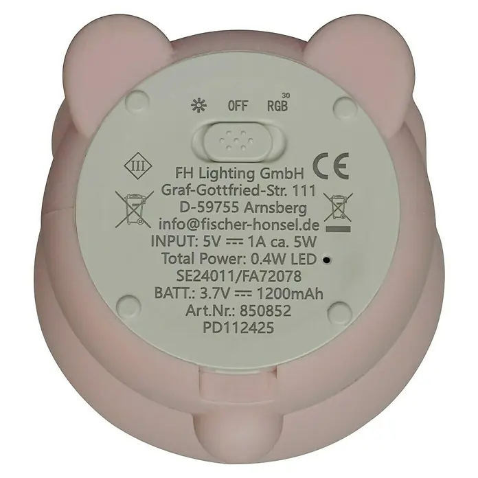 FHL easy LED-Nachtlicht Josie - 0,4 W, L x B x H: 9 x 9 x 16,3 cm, RGBW, Hase Josie - Nahaufnahme der Unterseite einer rosa Bärenlampe mit technischen Details und Schalterpositionen.