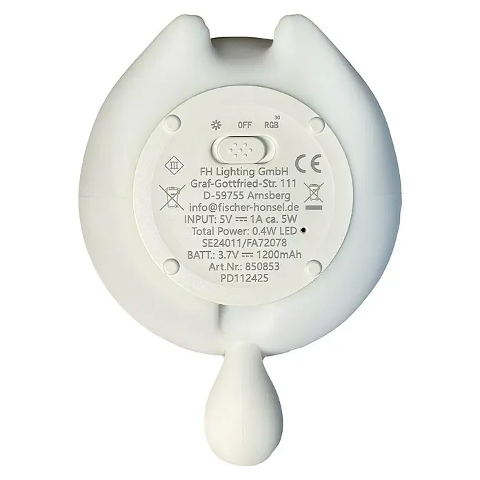 FHL easy LED-Nachtlicht Gerd - 0,8 W, L x B x H: 13 x 10 x 12 cm, RGBW, Kater Gerd - Nahaufnahme der Unterseite einer weißen Lampe mit technischen Details und Schalterpositionen.