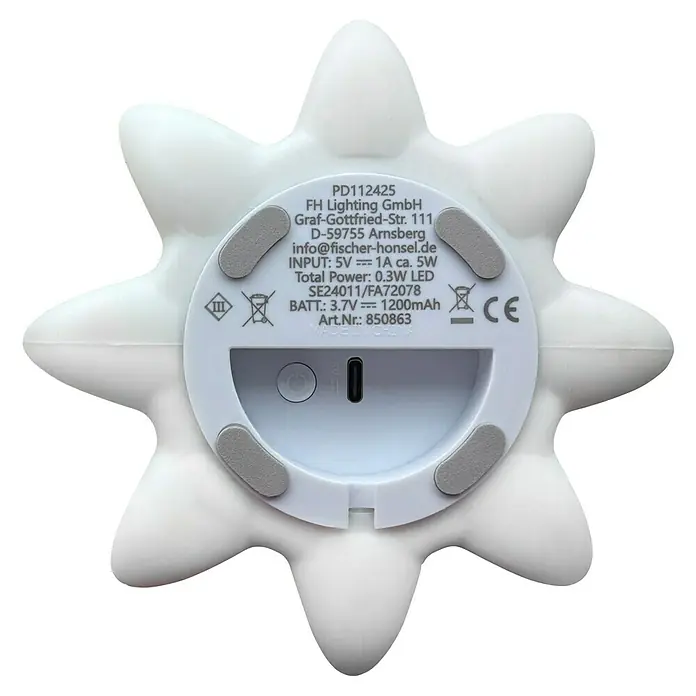 FHL easy LED-Nachtlicht Nelly - 0,4 W, L x B x H: 13,5 x 13,5 x 12 cm, RGBW, Tintenfisch Nelly - Nahaufnahme des Bodens einer sternförmigen Leuchte, die Informationen zu Modell, Hersteller und technischer Daten enthält.