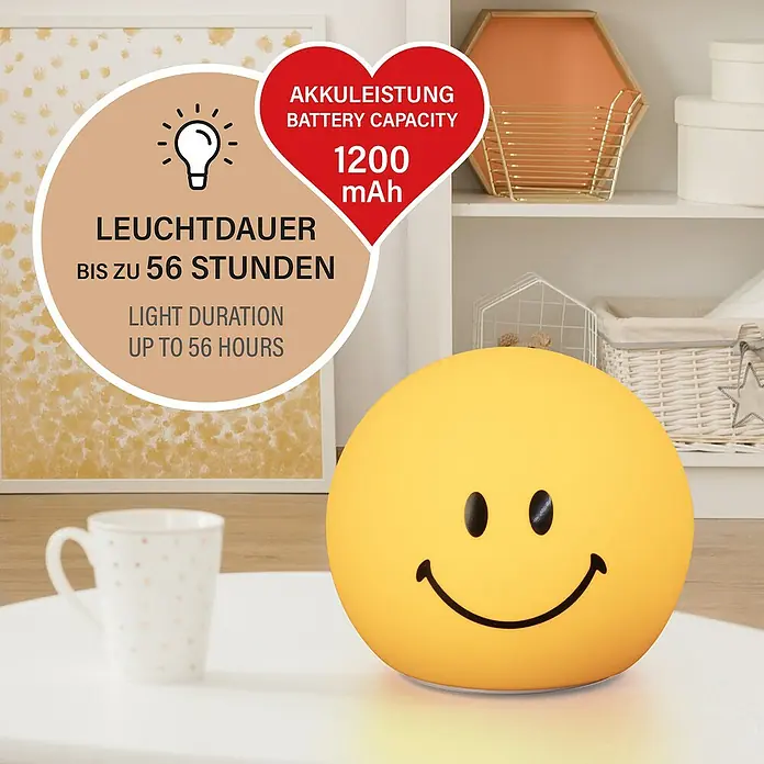 FHL easy LED-Nachtlicht GlowMoji - 0,3 W, L x B x H: 13 x 13 x 12 cm, Warmweiß, Smiley Yellow - Das runde, gelbe Smiley-Nachtlicht mit einer Leuchtdauer von bis zu 56 Stunden und einer Akkuleistung von 1200 mAh.