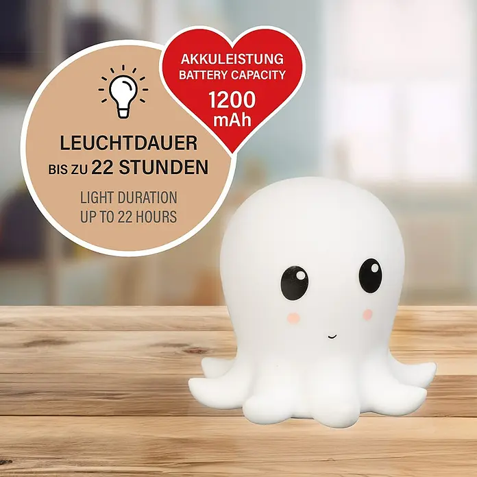 FHL easy LED-Nachtlicht Nelly - 0,4 W, L x B x H: 13,5 x 13,5 x 12 cm, RGBW, Tintenfisch Nelly - Niedliche Oktopus-Nachtleuchte mit einer Leuchtdauer von bis zu 22 Stunden und einer Akkuleistung von 1200 mAh für eine gemütliche Atmosphäre.