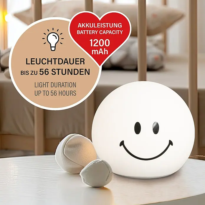 FHL easy LED-Nachtlicht GlowMoji - 0,7 W, L x B x H: 13 x 13 x 12 cm, RGBW, Glowmoji White - Ein Nachtlicht mit Smiley-Gesicht, das bis zu 56 Stunden Leuchtdauer bietet und über eine Akkuleistung von 1200 mAh verfügt.