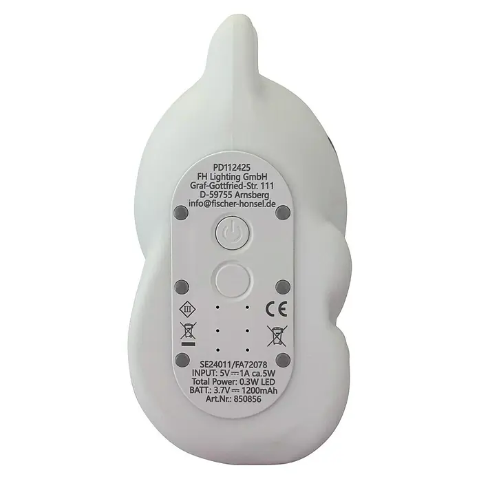 FHL easy LED-Nachtlicht Mia - 0,4 W, L x B x H: 16 x 8 x 11 cm, RGBW, Katze Mia - Nahaufnahme der Rückseite einer weißen Nachtlampe mit den technischen Daten und Herstellerinformationen.