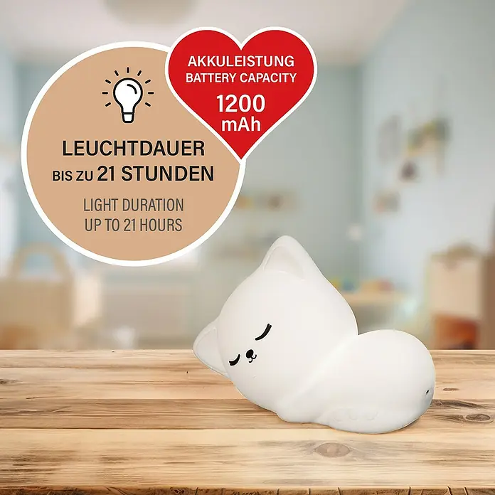 FHL easy LED-Nachtlicht Mia - 0,4 W, L x B x H: 16 x 8 x 11 cm, RGBW, Katze Mia - Das Nachtlicht in Form einer schlafenden Katze bietet bis zu 21 Stunden sanftes Licht mit einer 1200 mAh Batterie.