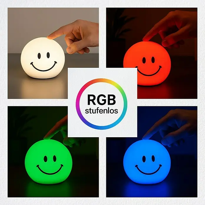 FHL easy LED-Nachtlicht GlowMoji - 0,7 W, L x B x H: 13 x 13 x 12 cm, RGBW, Glowmoji White - RGB Smiley Lampe mit Farbwechsel. Die Lampe hat eine Touch-Funktion zum Ändern der Farben.