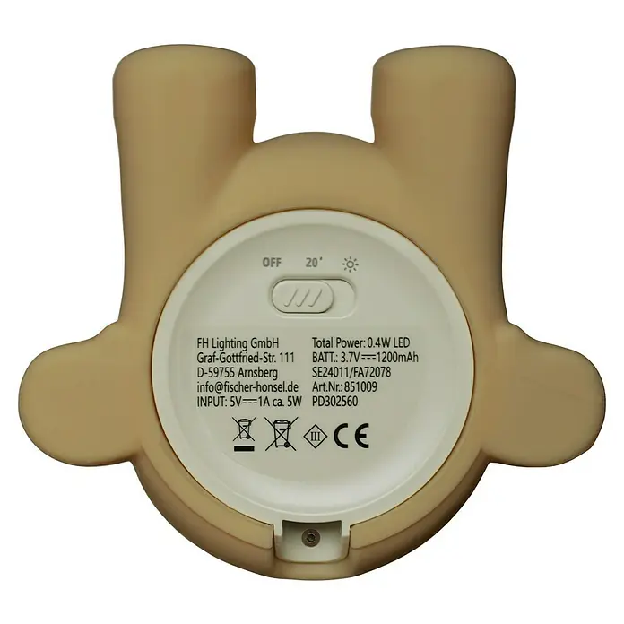 FHL easy LED-Nachtlicht Micha - 0,4 W, L x B x H: 11 x 12 x 15,5 cm, Warmweiß, Rentier Micha - Nahaufnahme der Rückseite einer Teddybär-Nachtleuchte, die Produktdetails und Zertifizierungen zeigt.
