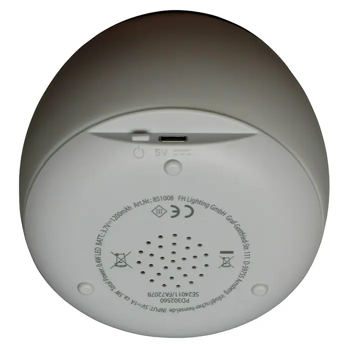 FHL easy LED-Nachtlicht Paule - 0,4 W, L x B x H: 11,6 x 11,6 x 22 cm, RGBW, Schneemann Paule - Nahaufnahme der Unterseite einer weißen, eiförmigen Lampe mit technischen Details und CE-Kennzeichnung.