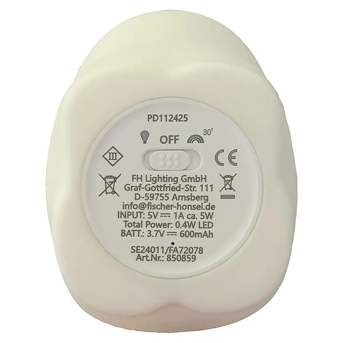 FHL easy LED-Nachtlicht Knut - 0,7 W, L x B x H: 12 x 9 x 11 cm, RGBW, Eisbär Knut - Nahaufnahme der Unterseite eines Nachtlichts mit technischen Daten und Schaltereinstellungen.