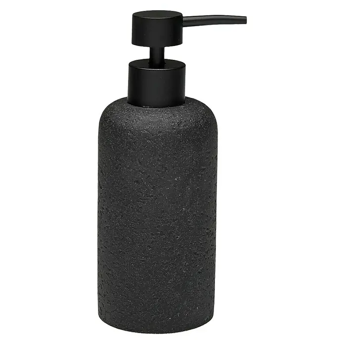 Versa Dispensador de jabón Kora - L x An x Al: 74 x 74 x 106 cm, Plástico, Negro - Elegante dosificador de jabón negro con un acabado texturizado, perfecto para baños modernos con un toque sofisticado.