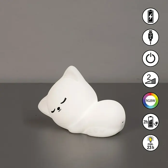 FHL easy LED-Nachtlicht Mia - 0,4 W, L x B x H: 16 x 8 x 11 cm, RGBW, Katze Mia - Niedliches, schlafendes Katzen-Nachtlicht mit sanftem Schein, ideal für Kinderzimmer. Die Lampe hat einen Akku und ist per USB aufladbar.