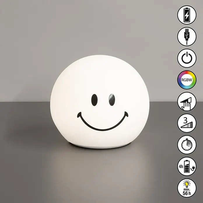 FHL easy LED-Nachtlicht GlowMoji - 0,7 W, L x B x H: 13 x 13 x 12 cm, RGBW, Glowmoji White - Lächelnde Kugel-Nachtlampe mit diversen Funktionen, wie Farbwahl und Dimmstufen, für eine angenehme Atmosphäre.