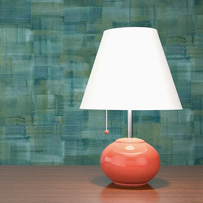 Tadessi Vliestapete M1-No.1470 - Blau, Sonstiges, 10,05 x 0,53 m - Glänzende orange Tischlampe mit weißem Schirm auf Holzoberfläche.