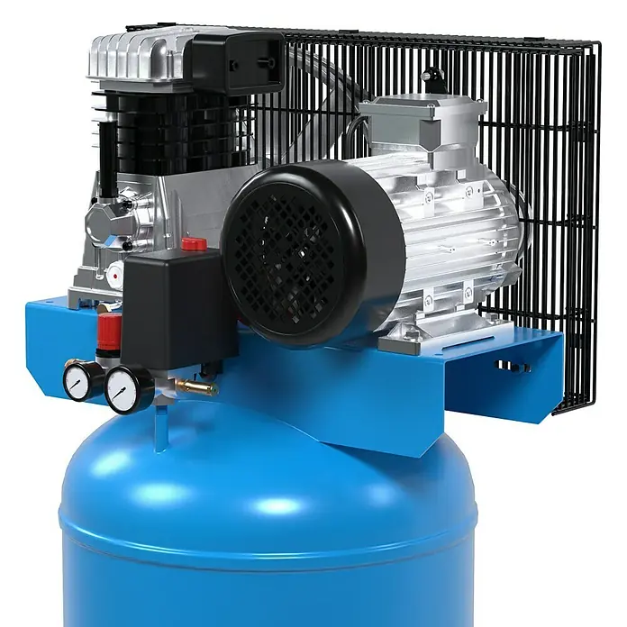 Güde Kompressor 485/10/200 ST - 3.000 W, Max. Druck: 10 bar, 270 l, Schmierung: Ölgeschmiert - Nahaufnahme eines blauen Kompressors mit silbernen Komponenten und einem schwarzen Schutzgitter.