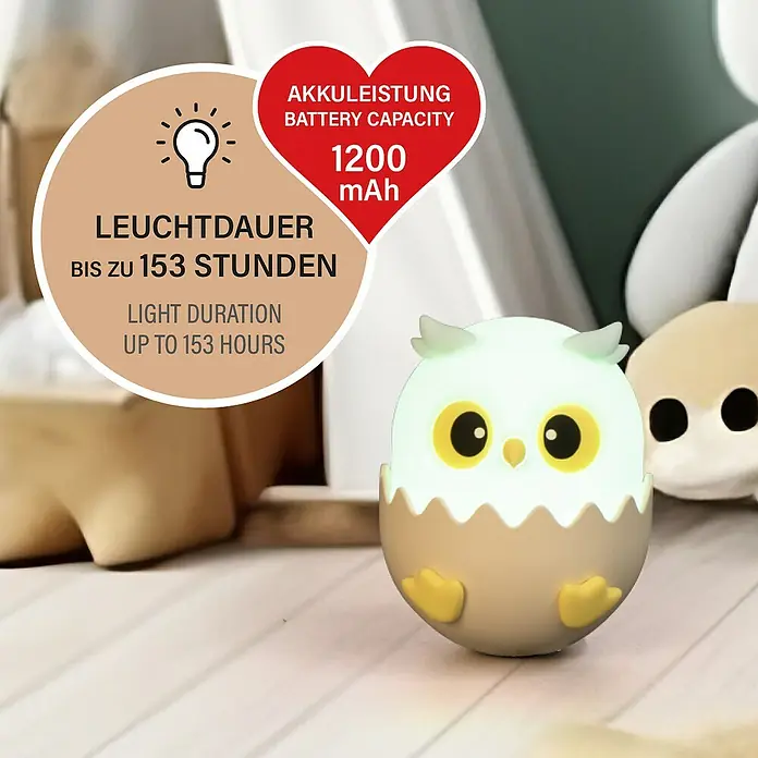 FHL easy LED-Nachtlicht Ella - 0,8 W, L x B x H: 11,5 x 9,5 x 12 cm, RGBW, Küken Ella - Nahaufnahme einer Eulenlampe mit LED und langer Leuchtdauer, ideal als Nachtlicht.