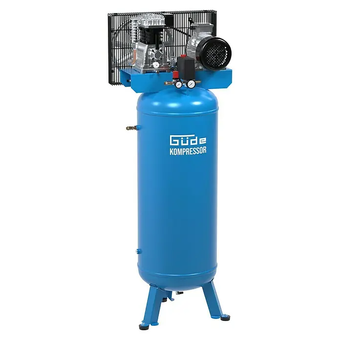 Güde Kompressor 485/10/200 ST - 3.000 W, Max. Druck: 10 bar, 270 l, Schmierung: Ölgeschmiert - Ein blauer Güde Kompressor, ein robustes Gerät für Druckluftarbeiten, steht im Fokus. Ideal für Werkstatt und Hobby.