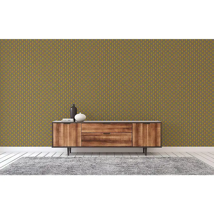Tadessi Vliestapete M1-No.2822 - Grau, Sonstiges, 10,05 x 0,53 m - Moderner Raum mit gelb gemusterter Tapete, Holz-Sideboard und grauem Teppich.