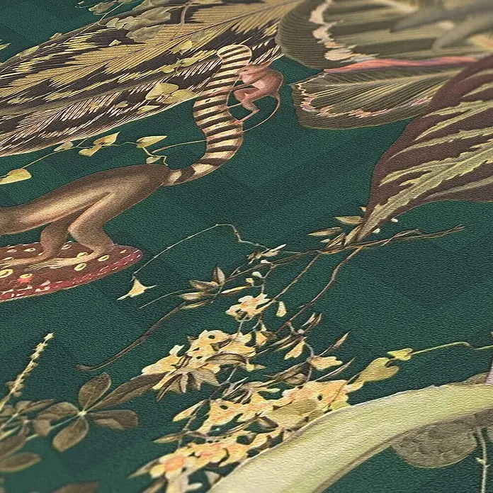 Tadessi Vliestapete M1-No.673 - Grün, Floral, 10,05 x 0,53 m - Detailliertes tropisches Muster mit Lemur, Affen und exotischem Laub.