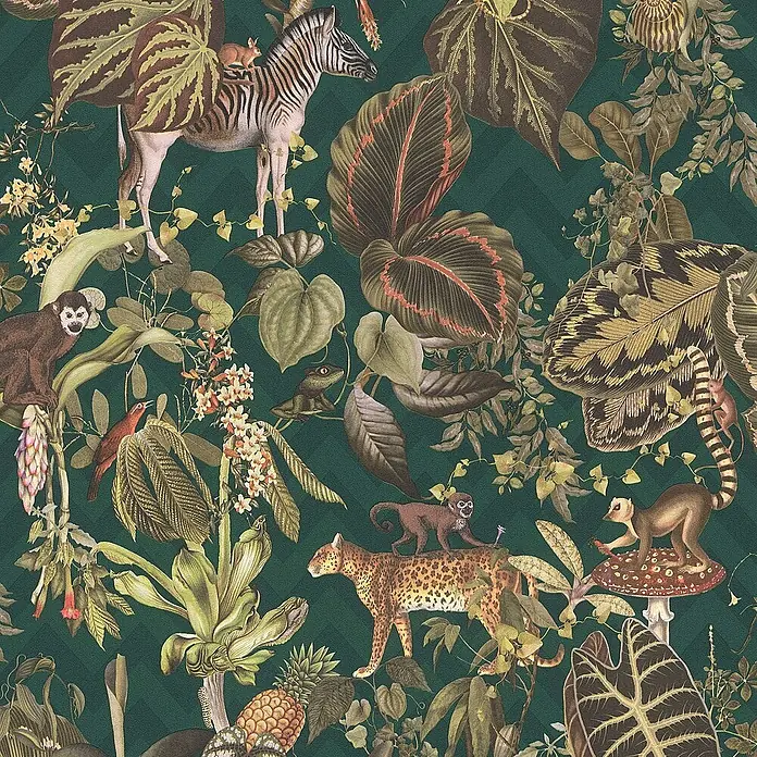 Tadessi Vliestapete M1-No.673 - Grün, Floral, 10,05 x 0,53 m - Dunkelgrüne Tapete mit üppigem Dschungelmotiv aus exotischen Tieren und tropischen Pflanzen.