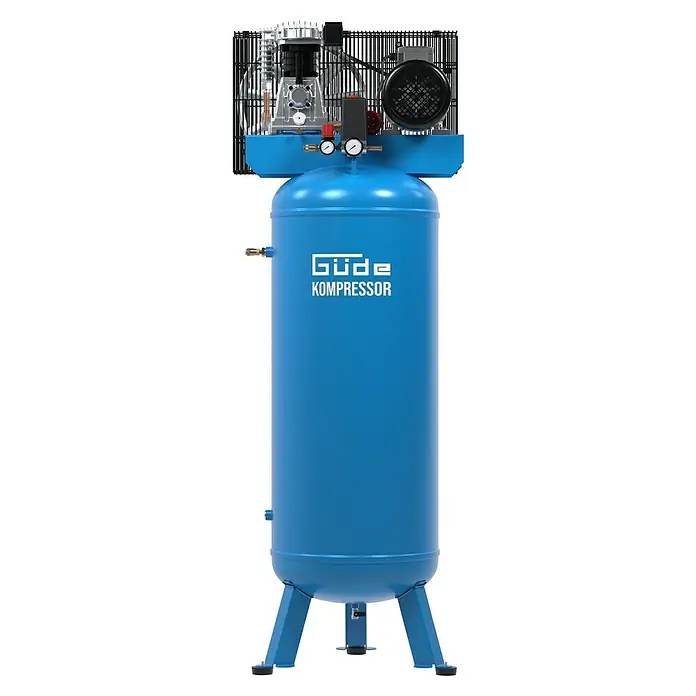 Güde Kompressor 485/10/200 ST - 3.000 W, Max. Druck: 10 bar, 270 l, Schmierung: Ölgeschmiert - Ein blauer Güde Kompressor ist zu sehen, der für seine Leistung und Zuverlässigkeit bekannt ist. Er ist ideal für verschiedene Druckluftanwendungen.