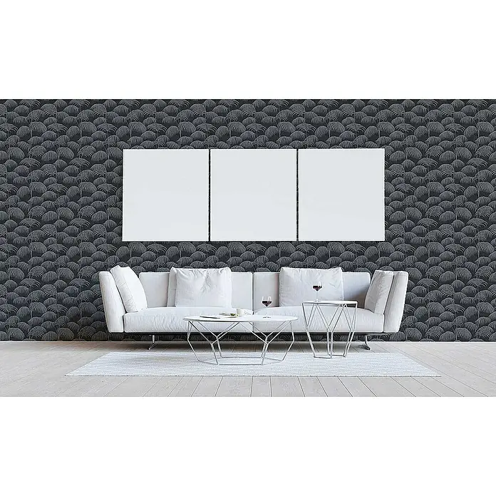 Tadessi Vliestapete M1-No.3873 - Schwarz, Floral, 10,05 x 0,53 m - Dunkle gemusterte Tapete mit stilisierten Palmwedeln in modernem Wohnzimmerambiente.