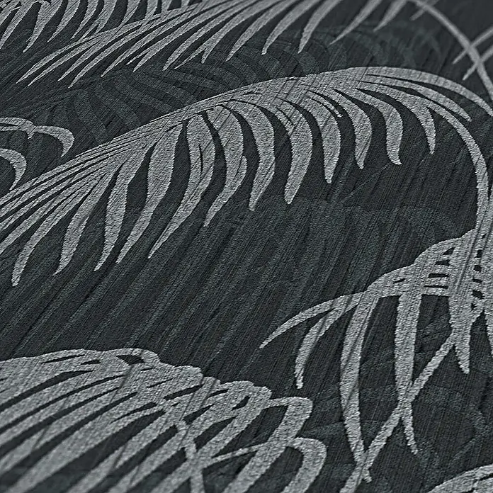 Tadessi Vliestapete M1-No.3873 - Schwarz, Floral, 10,05 x 0,53 m - Dunkelgraue, strukturierte Tapete mit wiederholtem Muster aus silbernen Palmenwedeln.