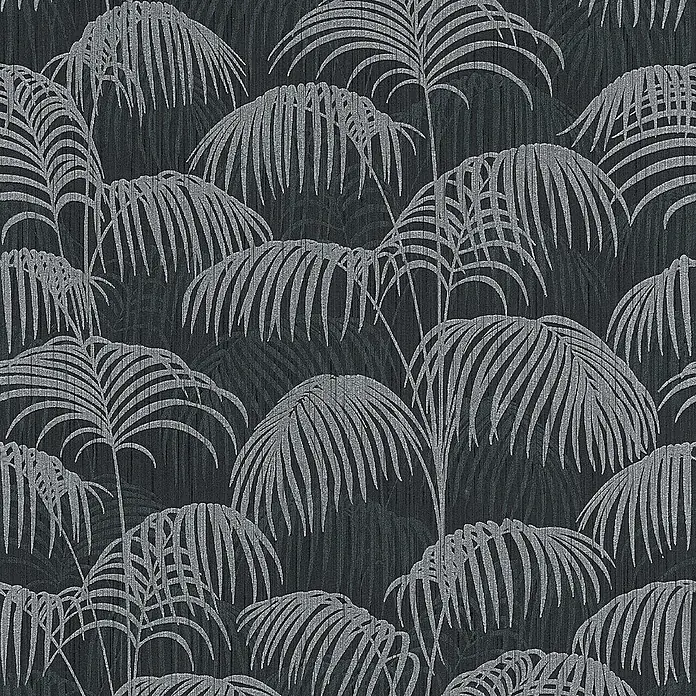 Tadessi Vliestapete M1-No.3873 - Schwarz, Floral, 10,05 x 0,53 m - Dunkle Tapete mit schimmerndem Silber-Palmenblattmuster und feiner vertikaler Textur.