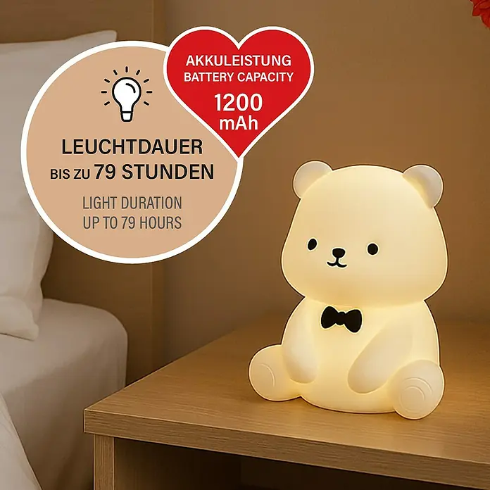FHL easy LED-Nachtlicht Karl - 0,8 W, L x B x H: 10 x 10 x 13 cm, RGBW, Bär Karl - Niedliches Bären-Nachtlicht mit einer Leuchtdauer von bis zu 79 Stunden und einer Akkuleistung von 1200 mAh für sanftes Licht.