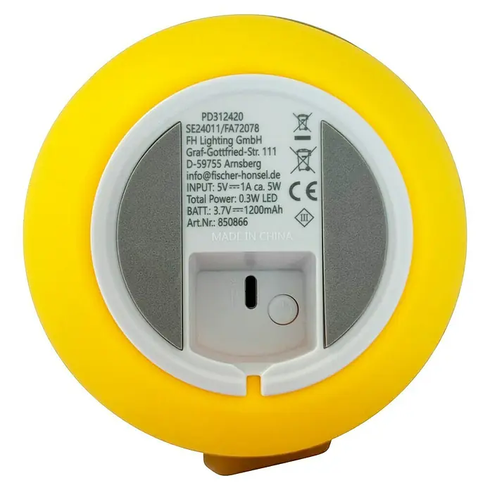 FHL easy LED-Nachtlicht GlowMoji - 0,3 W, L x B x H: 13 x 13 x 12 cm, Warmweiß, Smiley Yellow - Detailansicht der Unterseite eines gelben Produkts mit technischen Daten und Zertifizierungen.