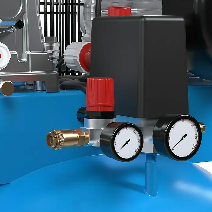 Güde Kompressor 485/10/200 ST - 3.000 W, Max. Druck: 10 bar, 270 l, Schmierung: Ölgeschmiert - Nahaufnahme eines blauen Kompressors mit Manometern und rotem Knopf, der die Druckluftregelung und -überwachung für Werkstattarbeiten ermöglicht.