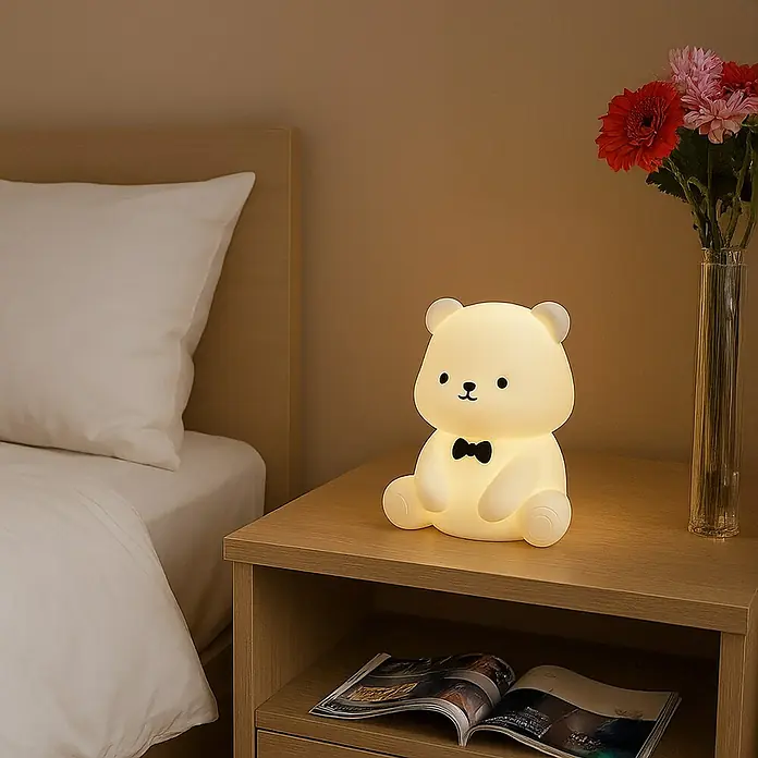 FHL easy LED-Nachtlicht Karl - 0,8 W, L x B x H: 10 x 10 x 13 cm, RGBW, Bär Karl - Niedliches Bären-Nachtlicht auf einem Nachttisch, das eine gemütliche Atmosphäre schafft.