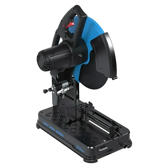 Güde Trennschneider - 2.300 W, Durchmesser Sägeblatt: 355 mm, Leerlaufdrehzahl: 4.000 U/min - Eine Nahaufnahme einer stationären Metalltrennsäge der Marke Güde, ideal zum präzisen Zuschneiden von Metallprofilen und Rohren.