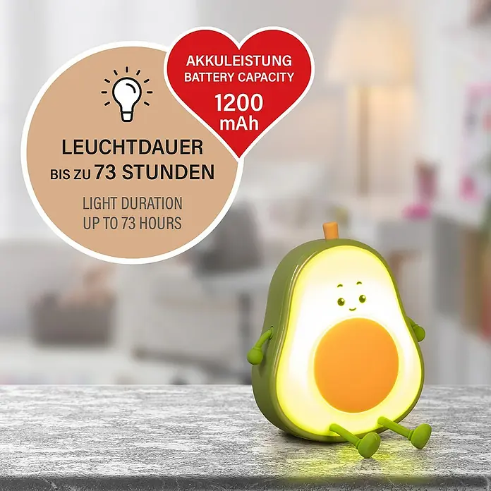 FHL easy LED-Nachtlicht Bobi - 0,4 W, L x B x H: 13,5 x 9,5 x 13,5 cm, Warmweiß, Avocado Bobi - Das Bild zeigt eine niedliche Avocado-Nachtlampe mit LED-Beleuchtung und einer Akkulaufzeit von bis zu 73 Stunden.