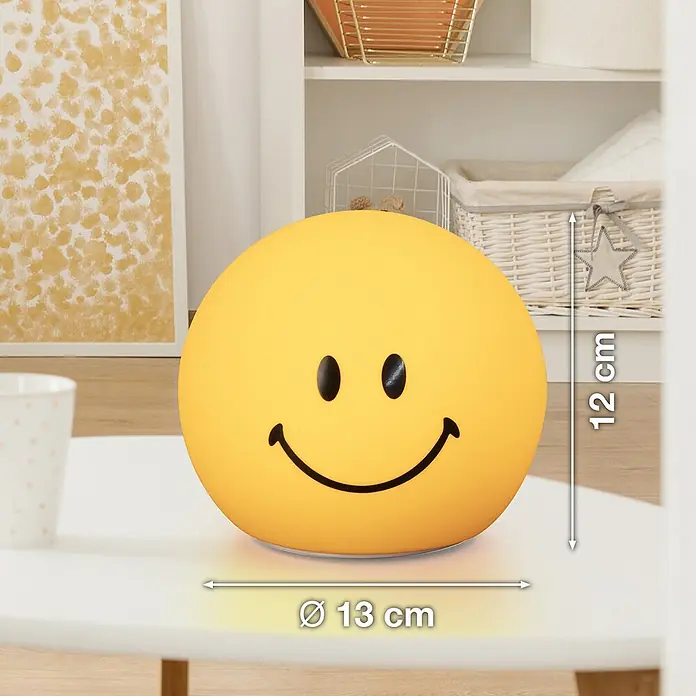 FHL easy LED-Nachtlicht GlowMoji - 0,3 W, L x B x H: 13 x 13 x 12 cm, Warmweiß, Smiley Yellow - Abbildung einer gelben Smiley-Lampe mit den Maßen 12 cm Höhe und 13 cm Durchmesser.