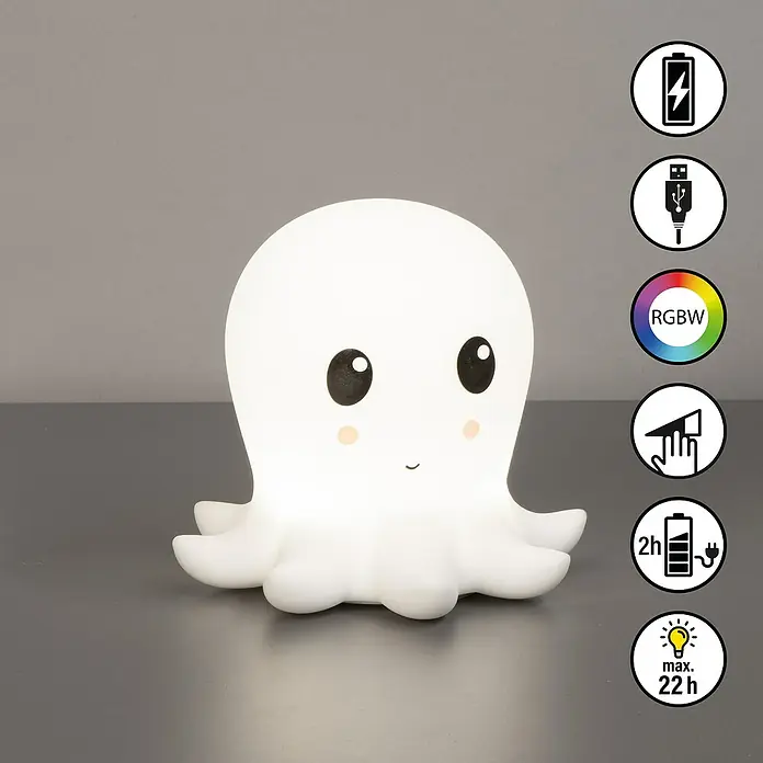 FHL easy LED-Nachtlicht Nelly - 0,4 W, L x B x H: 13,5 x 13,5 x 12 cm, RGBW, Tintenfisch Nelly - Niedliche Oktopus-Lampe mit LED-Beleuchtung. Das Nachtlicht ist batteriebetrieben, wiederaufladbar per USB und bietet verschiedene Farben.
