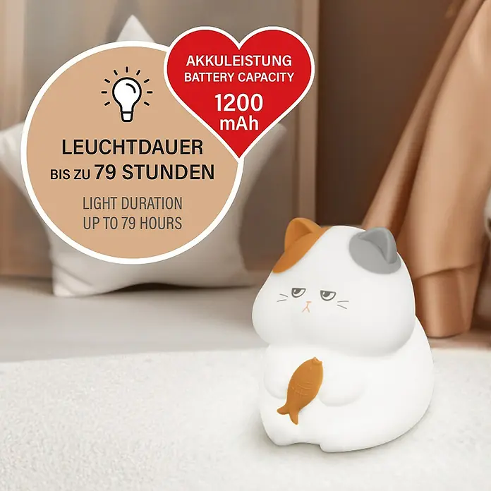 FHL easy LED-Nachtlicht Gerd - 0,8 W, L x B x H: 13 x 10 x 12 cm, RGBW, Kater Gerd - Niedliche Katzenlampe mit Akkulaufzeit von bis zu 79 Stunden und einer Batteriekapazität von 1200 mAh.
