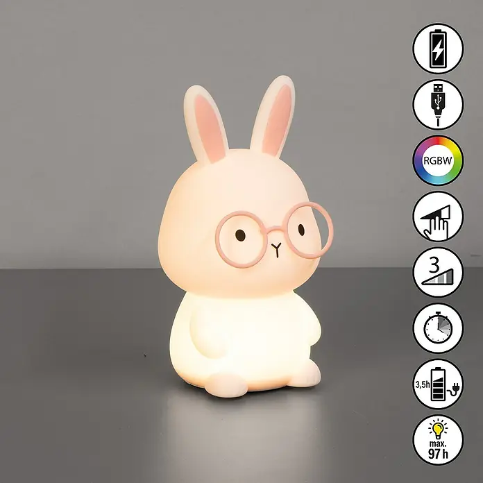 FHL easy LED-Nachtlicht Josie - 0,4 W, L x B x H: 9 x 9 x 16,3 cm, RGBW, Hase Josie - Ein bezauberndes, leuchtendes Hasen-Nachtlicht mit Brille, ideal für Kinderzimmer. Schafft eine beruhigende Atmosphäre mit sanftem Licht.