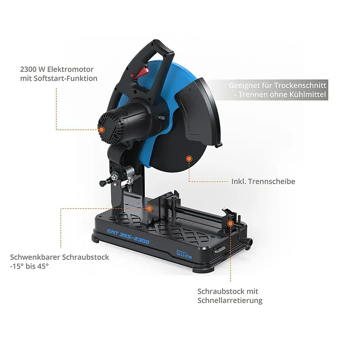 Güde Trennschneider - 2.300 W, Durchmesser Sägeblatt: 355 mm, Leerlaufdrehzahl: 4.000 U/min - Produktbild einer Güde Metallsäge GMT 355-2300 mit 2300W Elektromotor und Schnellspann-Schraubstock für präzise Metallschnitte.