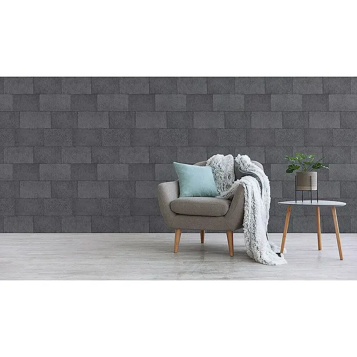 Tadessi Vliestapete M1-No.3395 - Grau, Steinoptik, 10,05 x 0,53 m - Dunkelgraue Ziegelmusterwand in einem modernen Wohnambiente.