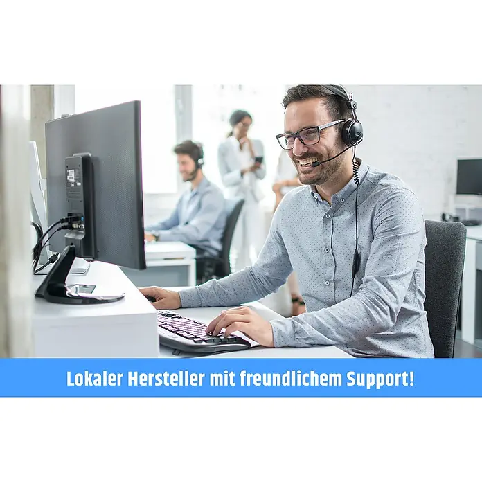 Safe2Home Alarmanlagen-Set Profi Serie SP310 - 17 -tlg., L x B x H: 195 x 136 x 31 mm - Freundlicher Support-Mitarbeiter mit Headset am Computer. Kundenservice bietet Hilfe mit lokaler Expertise und ist stets freundlich.