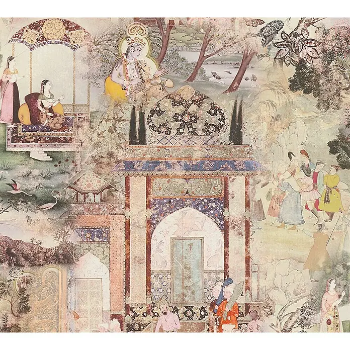 Tadessi Vliestapete M1-No.1699 - Grün, Sonstiges, 10,05 x 0,53 m - Dekorativer Kunstdruck mit traditionellen indischen Motiven: Krishna, Radha und Architekturszenen in satten, gedämpften Farben.