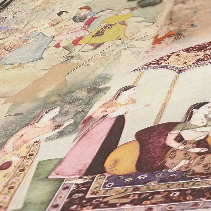 Tadessi Vliestapete M1-No.1699 - Grün, Sonstiges, 10,05 x 0,53 m - Detailliertes traditionelles Gemälde mit Personen in prächtiger Kleidung und komplizierten Mustern.