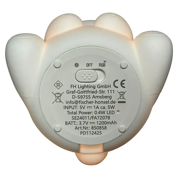 FHL easy LED-Nachtlicht Karl - 0,8 W, L x B x H: 10 x 10 x 13 cm, RGBW, Bär Karl - Nahaufnahme der Unterseite einer LED-Nachtlampe in Hasenform mit technischen Details und Schalterstellungen.